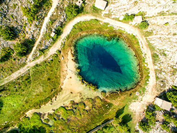 Aerial view of the Glavas source of the Cetina river, Croatia Source is over 110 m deep